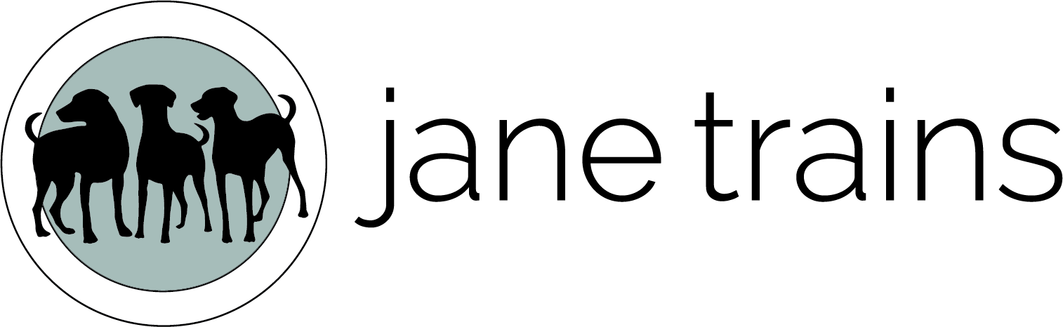 Jane Trains logo featuring three dog silhouettes, certified dog trainer