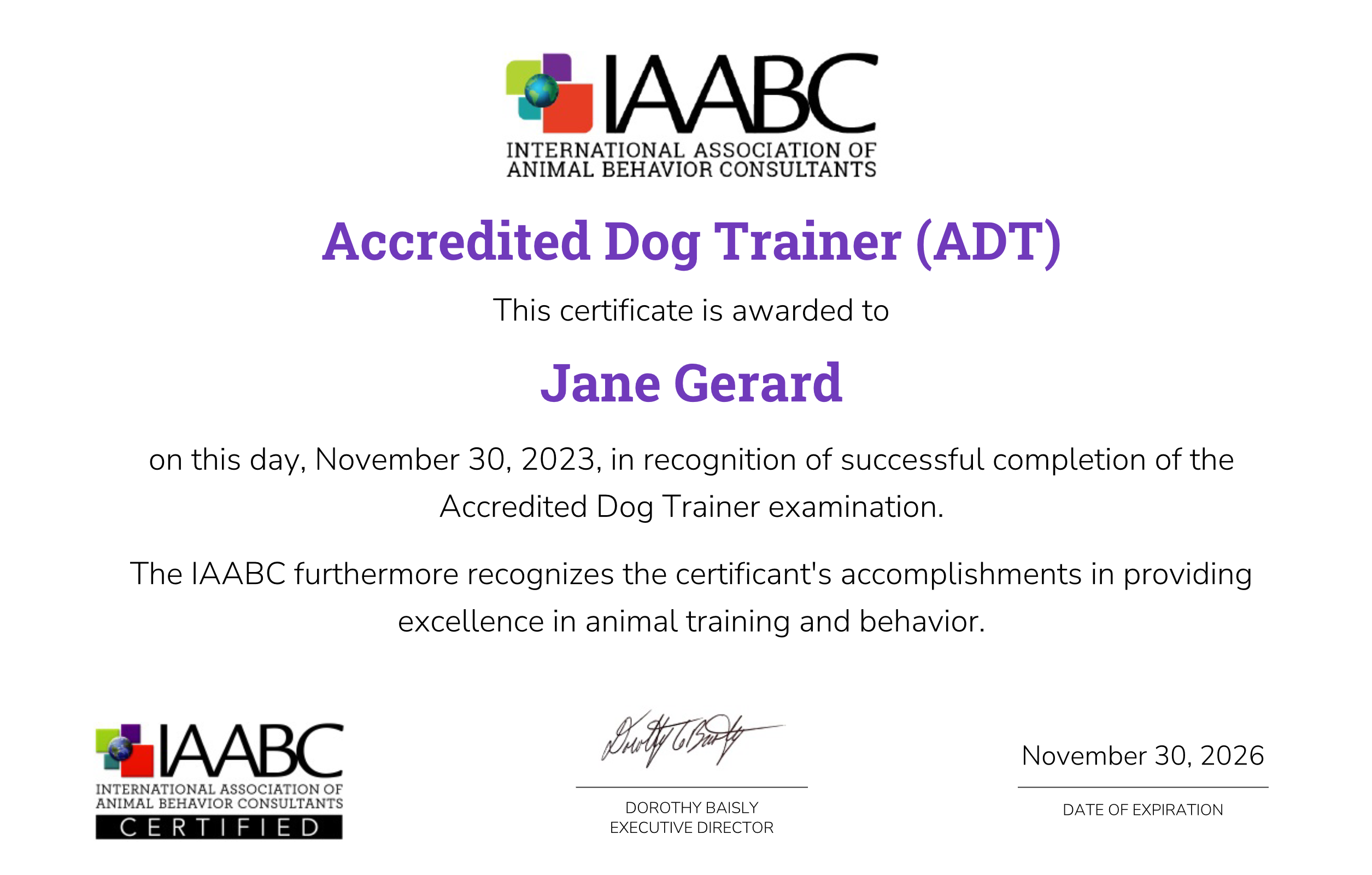 IAABC Accredited Dog Trainer Certificate