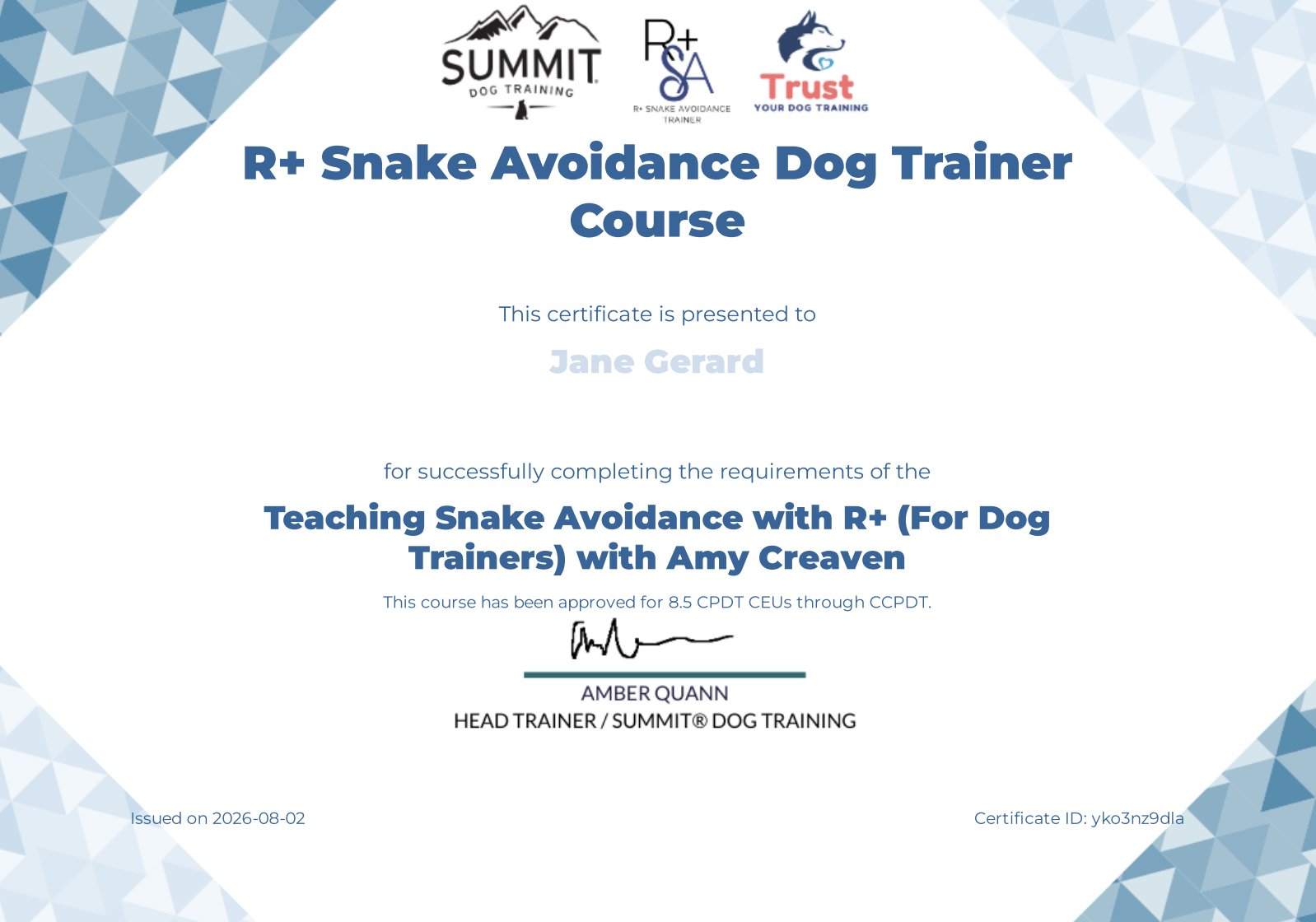 snake-avoidance-cert Certified Snake Avoidance Trainer Certificate